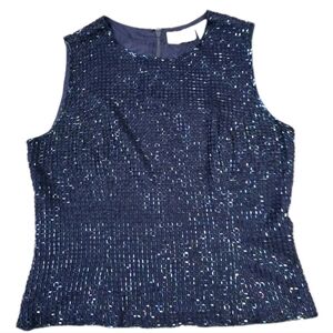 Oleg Cassini Black Tie Beaded Sleeveless Top Size 12 Navy Blue